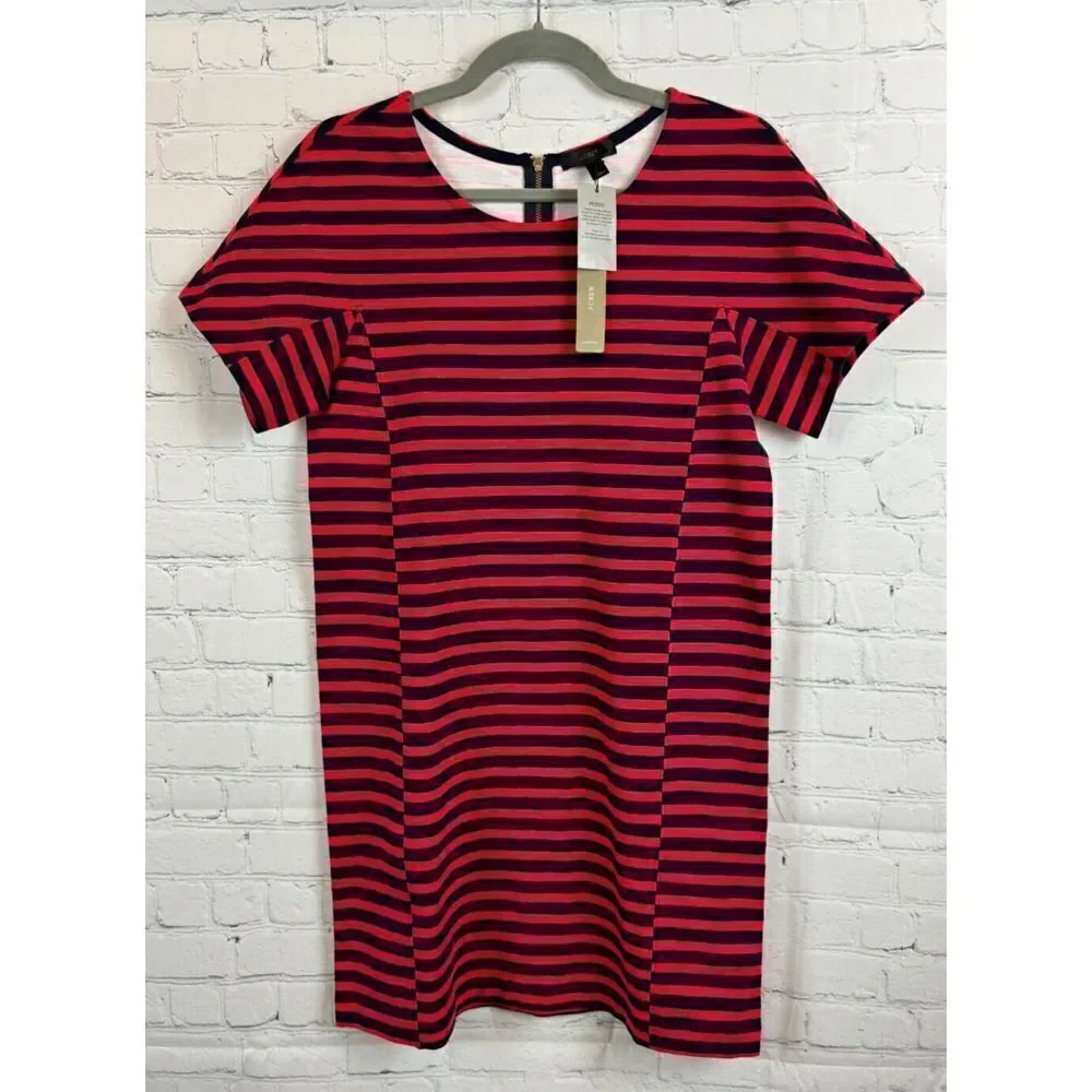 J.CREW Petites red blue striped cotton stretch shift dress size PM NWT